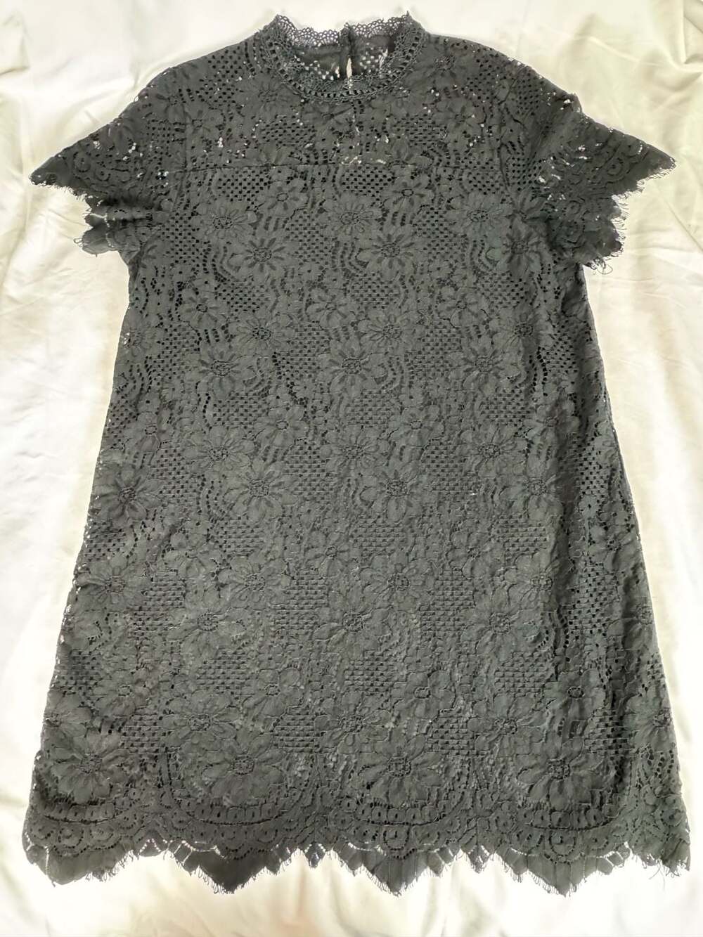 Entro Black Floral Lace Short Sleeve Mock Neck Mini Dress